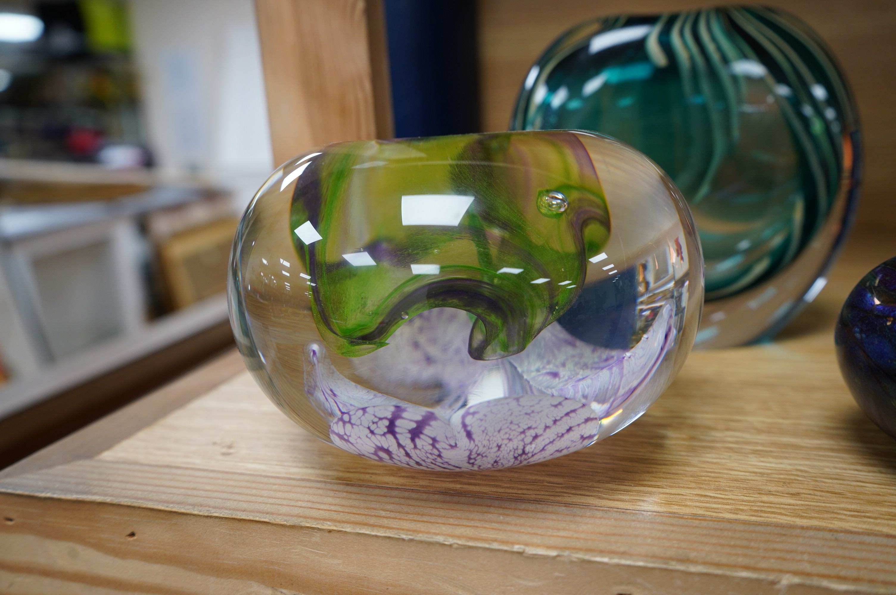 Two Siddy Langley glass paperweights and a contemporary glass vase, 12.5cm tall. Condition - good